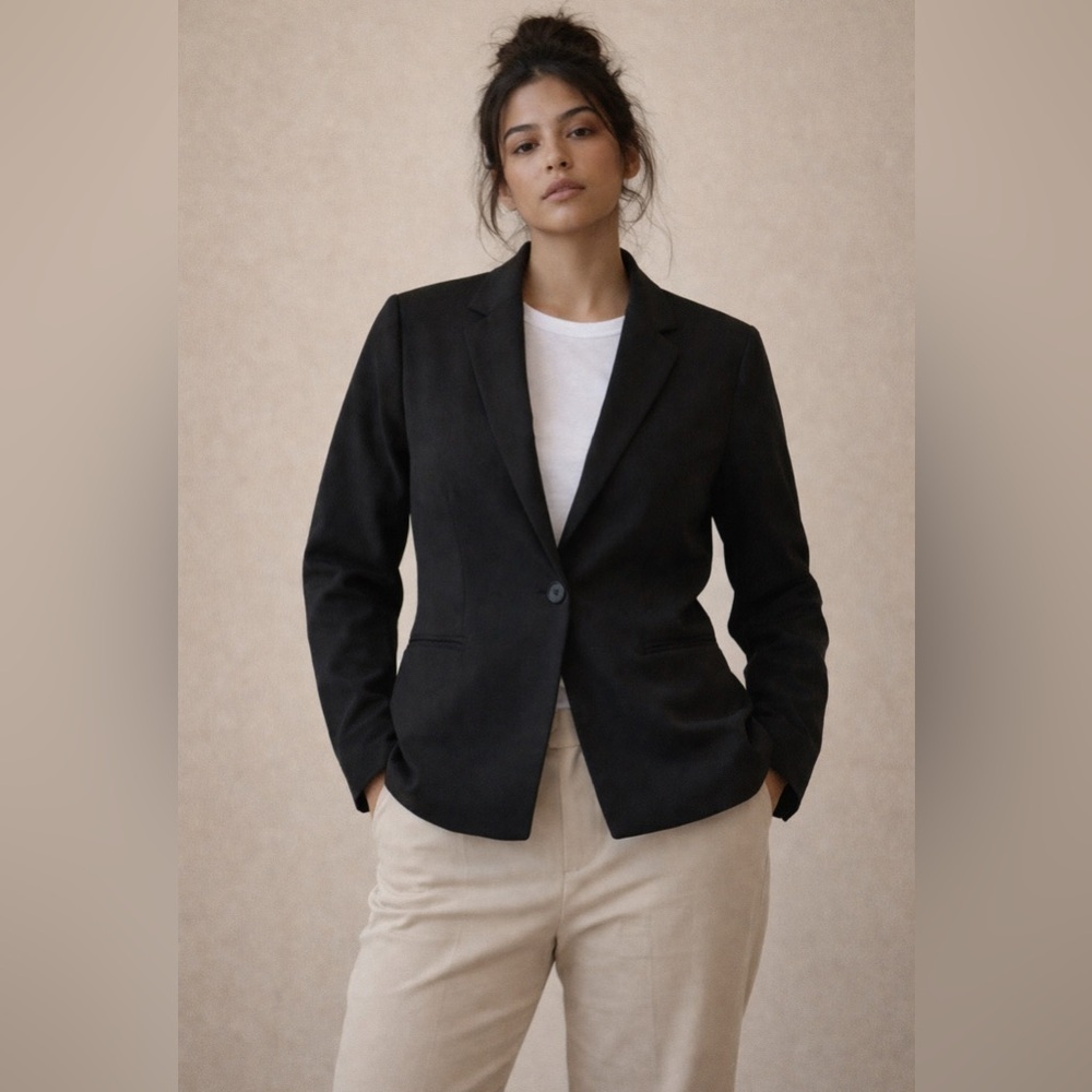 Chelsea & Theodore Classic Black Button Front Blazer. Size-4 Quiet Luxury